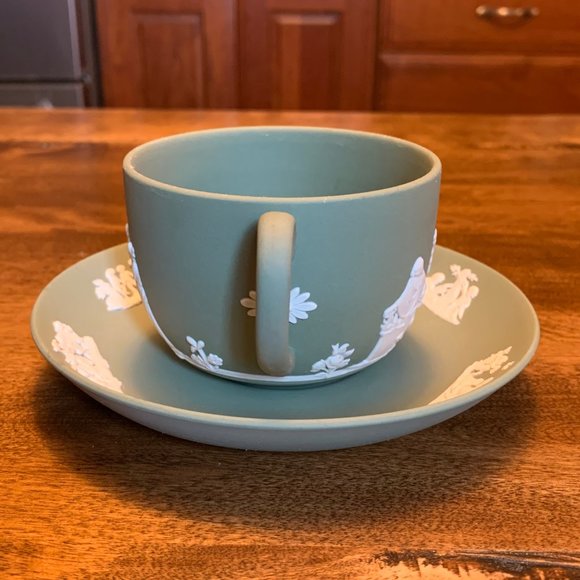 Vintage Wedgwood Sage Green Jasperware Teacup and Saucer Set - Picture 2 of 10